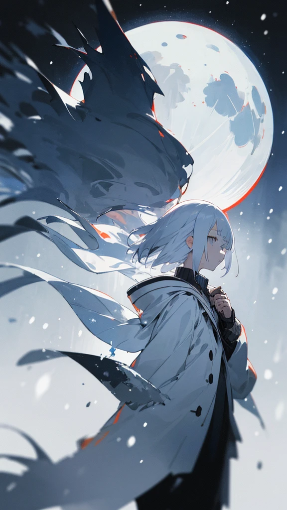 (masterpiece、highest quality)、Short nape hair、1 girl with very short white hair、Black cardigan、Grim expression、Grey Eyes、Warm lighting、 Blurred foreground、night深く、High Contrast、night、In the city,it's snowing,Heavy snowfall,winter,Alone in the vast snowy field,whole body,curse,Facing forward,Huge construction,moon,blue sky
