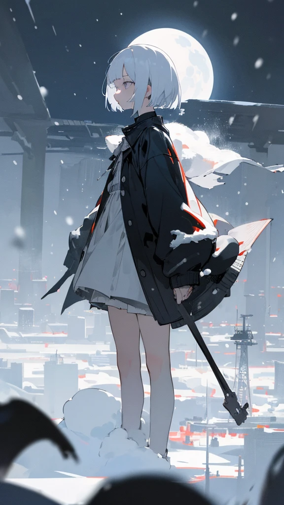 (masterpiece、highest quality)、Short nape hair、1 girl with very short white hair、Black cardigan、Grim expression、Grey Eyes、Warm lighting、 Blurred foreground、night深く、High Contrast、night、In the city,it's snowing,Heavy snowfall,winter,Alone in the vast snowy field,whole body,curse,Facing forward,Huge construction,moon,blue sky