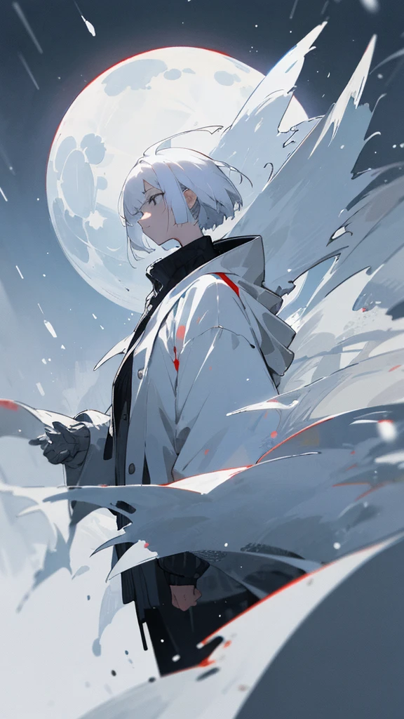 (masterpiece、highest quality)、Short nape hair、1 girl with very short white hair、Black cardigan、Grim expression、Grey Eyes、Warm lighting、 Blurred foreground、night深く、High Contrast、night、In the city,it&#39;s snowing,Heavy snowfall,winter,Alone in the vast snowy field,whole body,curse,Facing forward,Huge construction,moon,blue sky