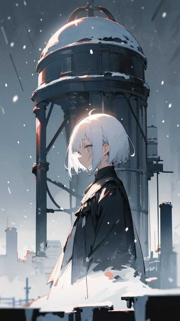 (masterpiece、highest quality)、Short nape hair、1 girl with very short white hair、Black cardigan、Grim expression、Grey Eyes、Warm lighting、 Blurred foreground、night深く、High Contrast、night、In the city,it's snowing,Heavy snowfall,winter,Alone in the vast snowy field,whole body,curse,Facing forward,Huge construction,moon,blue sky
