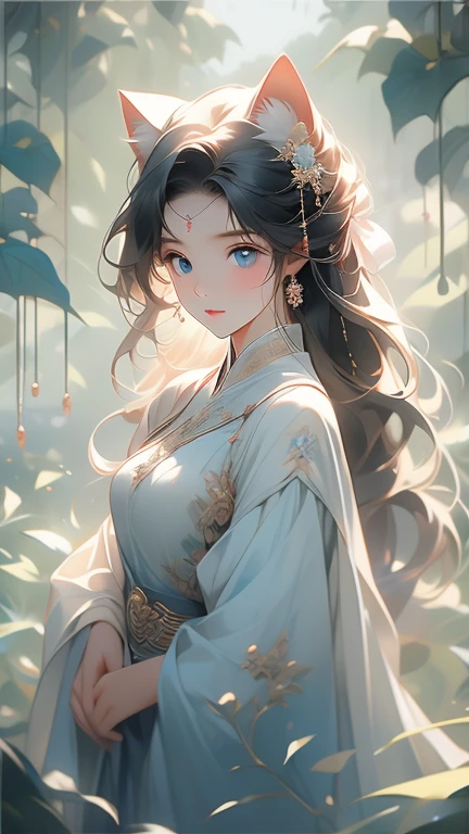 (1teenager:1.3),( 13years old:1.3),slim body,white skin,black hair,long hair,dress,white hair,cat ears,The morning sun filtered through the leaves,On Jing's long blonde hair,Illuminates her bright blue eyes,She was wearing a long pale blue dress,Tread lightly on the bluestone path,The breeze brushed her face,Bring a breath of fresh air,Xiaojing's expression is calm and gentle,Her hands clasped together,Pray to the temple,Surrounded by green hills,Diffuse in clouds and mist,Creating an atmosphere of peace and quiet