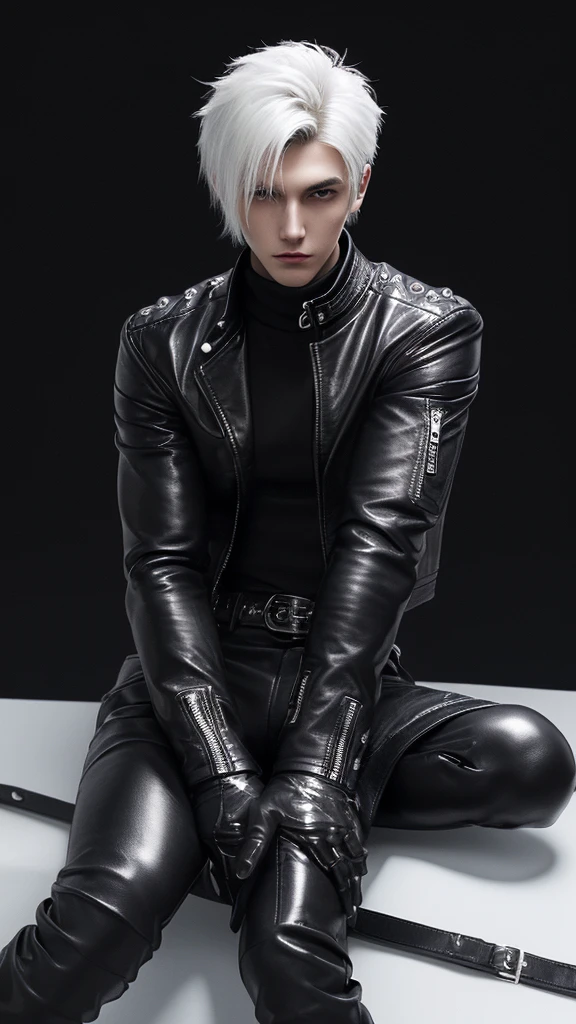 Final Fantasy-style graphics, young, Cute and cool Japanese boys, Thin eyebrows and big eyes,  He is wearing a shiny white single-breasted leather jacket....。Biker style leather jacket、 with epaulettes,  The jacket is zipped up, The jacket pockets are black., The jacket has a high stand-up collar with a belt, Also wearing a black turtleneck, black leather pants, Thin black leather gloves on both hands, Black leather knee-high lace-up boots, Show me your whole body from head to toe, Final Fantasy Style、((good looking))、((good looking))、((Clear eyes and nose))、((Shiny white single leather jacket))、((The jacket must be white))、((The jacket has epaulettes))、((Jacket has a high stand-up collar and belt))、((The jacket has a black pocket))、((Black turtleneck shirt))、((black leather pants))、((Shiny black leather gloves on both hands))、((Black lace-up leather knee-high boots))、((View full-body images from a distance))、Realistic image quality and texture、In a small cell、close your eyes、A kind smile、((The jacket is closed with a zipper))、((No exposed skin below the neck))、((Round face)、((Short Hairstyleedium meat))、