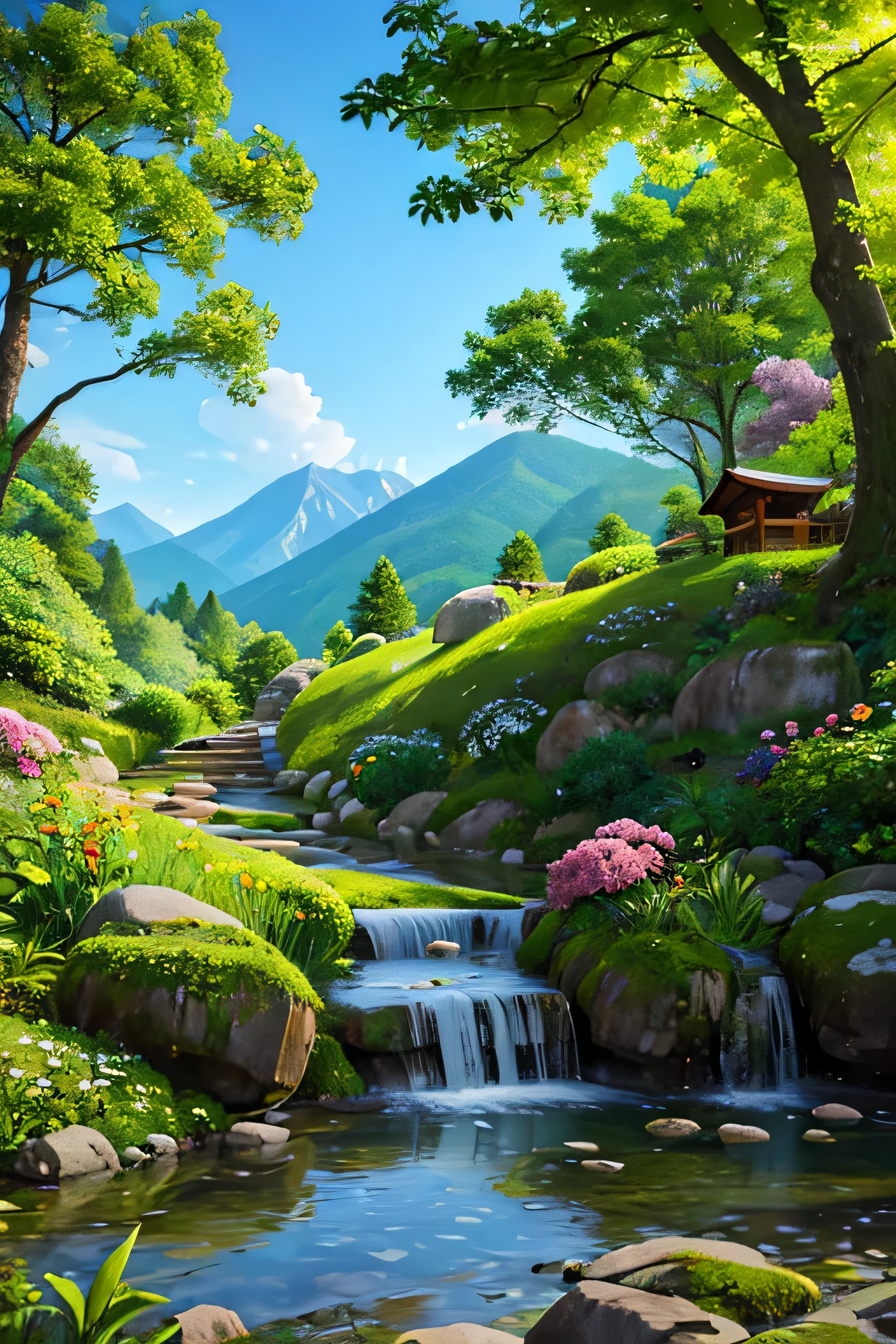 Mountain Road, Fir wood, Birch wood, Flowers, landscape, Birds chirping, wood々Sunlight shining through, Breeze, Lush foliage, Sparkling water reflections, vibrant wildFlowers, Dynamic brushwork, Mountain, Harmonious composition.