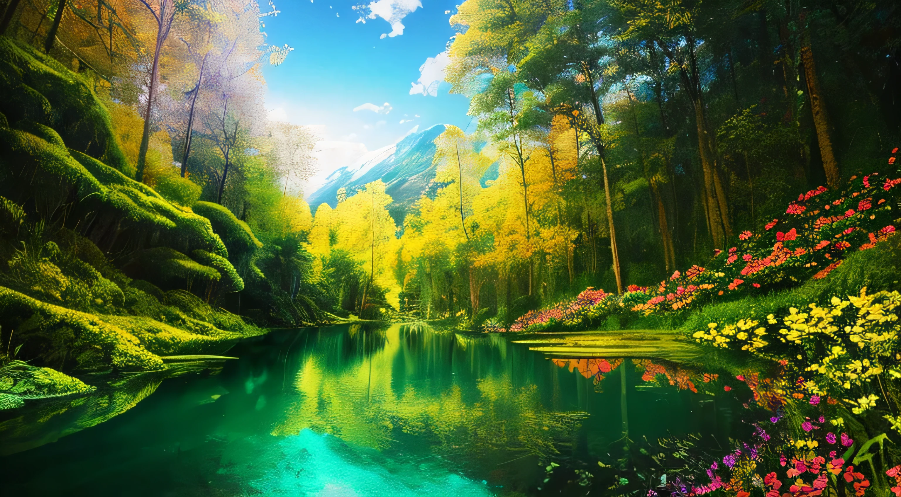 Tabletop, 最high quality, high quality, Very detailed 8k wallpaper of CG unit, Fascinating and dreamy scenes of the forest of illusions, There are tall trees, Mountain landscape, waterfall, Creates a sense of mystery and fascination, Artistic Station, digital illustration, Complex, trend, pastel colour, oil, Award-winning photo, Depth of written boundary, flower, chromatic aberration, Realistic, Very detailed, Art Station trends, cgsociety trend, Complex, Attention to detail, dramatic, Art on the go