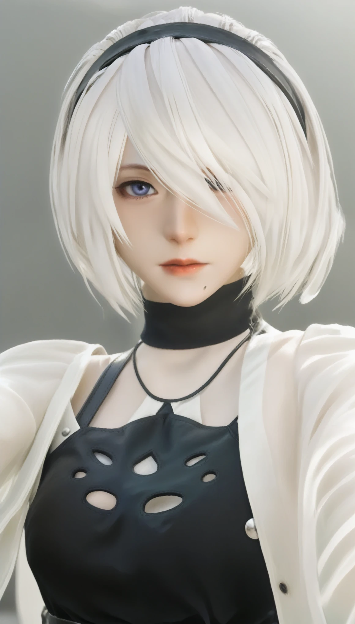 RealのSelfie、nier:Beautiful cosplay of 2B from Automata、2B takes a selfie、2Bのコスプレをした女性のSelfie、White skin、tall、Great style、Big Breasts、Small face、Small head、High nose、Beautiful Face、30 years old、British women、Half British、nier:2B&#39;s black costume from Automata、Wearing a black blindfold、Stylish background、Light background、Blur the background、Fantasyな都市を背景に、peace sign、((2BのSelfie))、((Focus Zoom))、((Face Enhancement))、Shooting from a diagonal angle、masterpiece、highest quality、high resolution、コスプレイヤーのSelfie、Selfie、Professional Photoodel、Fantasy、Glaring at the audience、Angry expression、Cosplay Makeup、Real Cosplay Photo、Cool and beautiful photos、Wrapped in a pale white glow、good looking