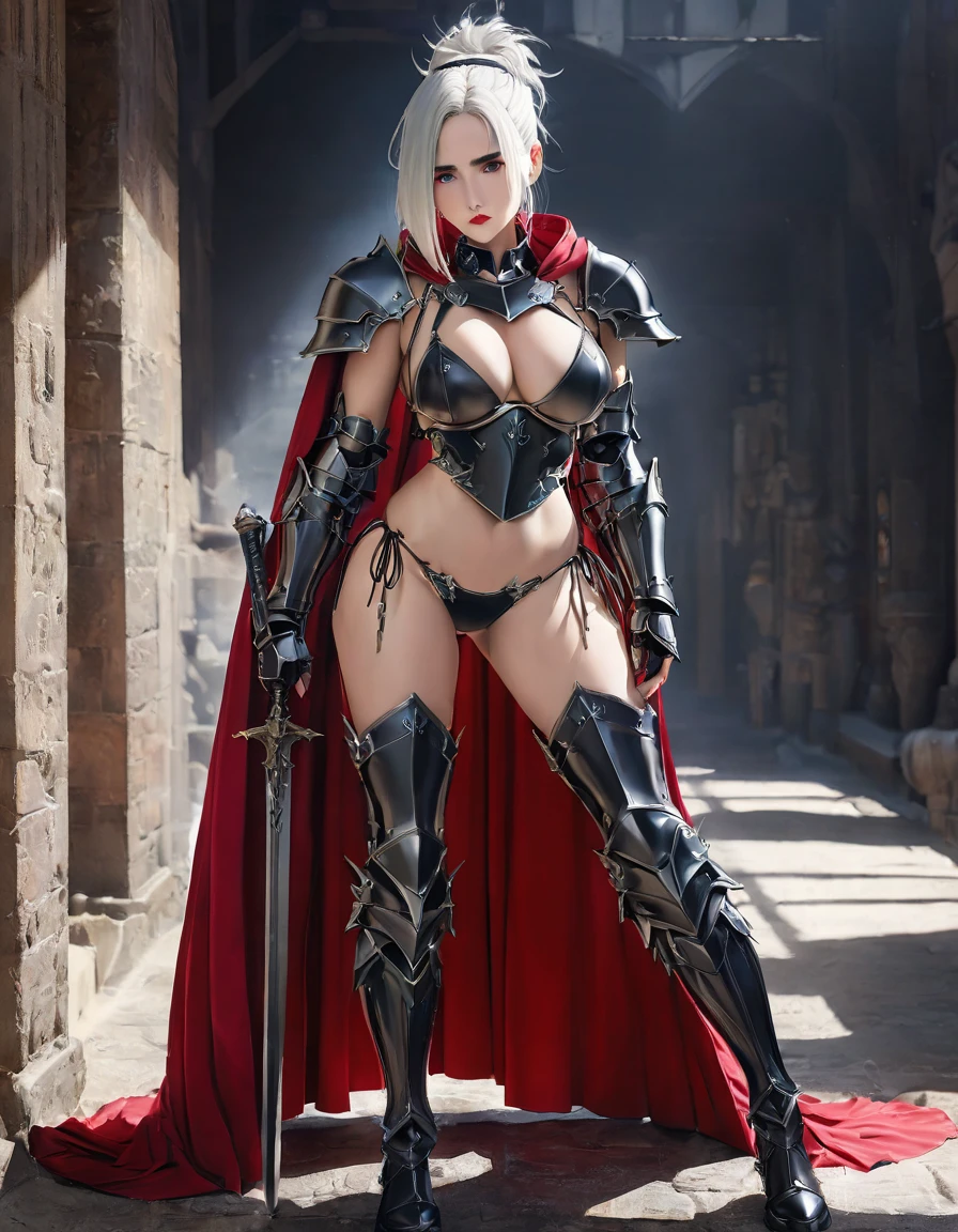 ((((Jennifer Connelly)))) as, Voluptuous, White-Haired Female Dark Knight in ((((Black Full Metal)) Heavy Bikini Armor)), Red Eyes, (Thigh high Full Metal Armored Boots). (((Full Body View))), Long hair, Messy bun, (Red Cloak), (((Red Pleated Skirt))), detailed, perfect makeup, beautiful lips, large hoop earrings, (METAL bikini armor), No Helmet, (No Spikes), (Tall girl, Long legs), (Solo, 1girl), (Masterpiece, Detailed, 4k), perfect face, perfect lips, perfect makeup, dark eyeshadow, Unreal Engine 5, (Full Body Portrait), absurd resolution, high resolution, sharp image, vibrant colors