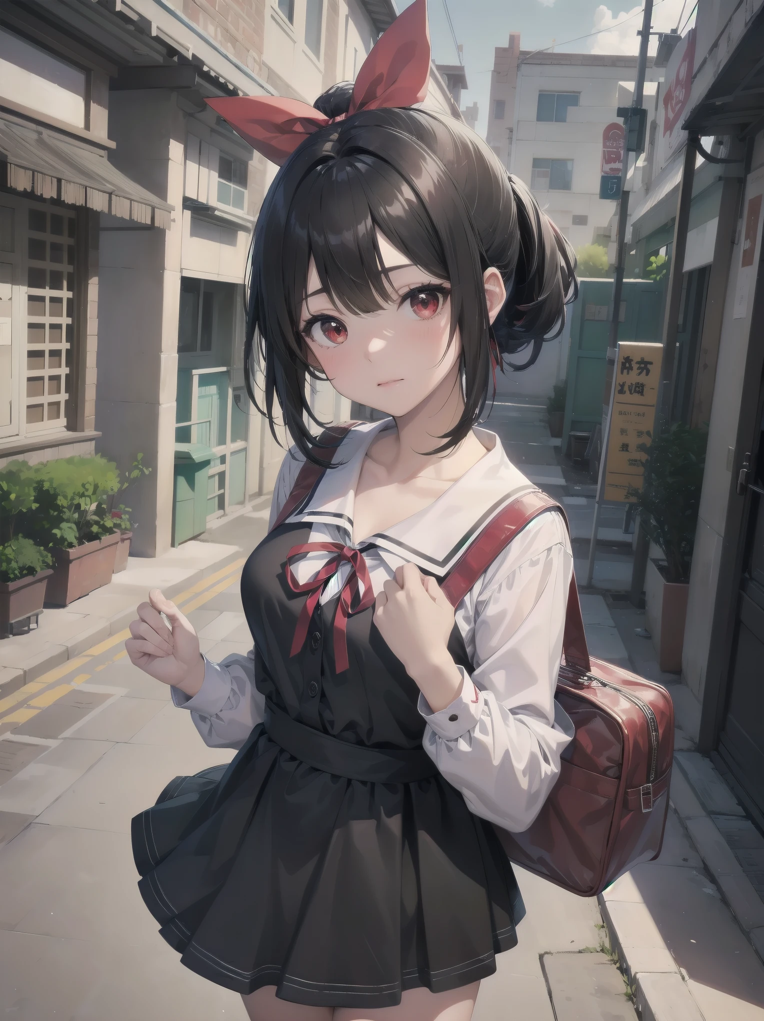 Masterpiece, top quality, super detailed, 16k, One girl, spring, high school, warm colors, school bag, accurate and highly detailed background, flock of schoolgirls in uniforms of various body shapes and hairstyles, cute. Blake. kaguya shinomiya, red eyes, black hair, ribbon, red ribbon, hair ribbon, parted bangs, folded ponytail, , shuuchiin academy , dress, sidelocks, breasts, black dress, collarbone, short hair, long sleeves