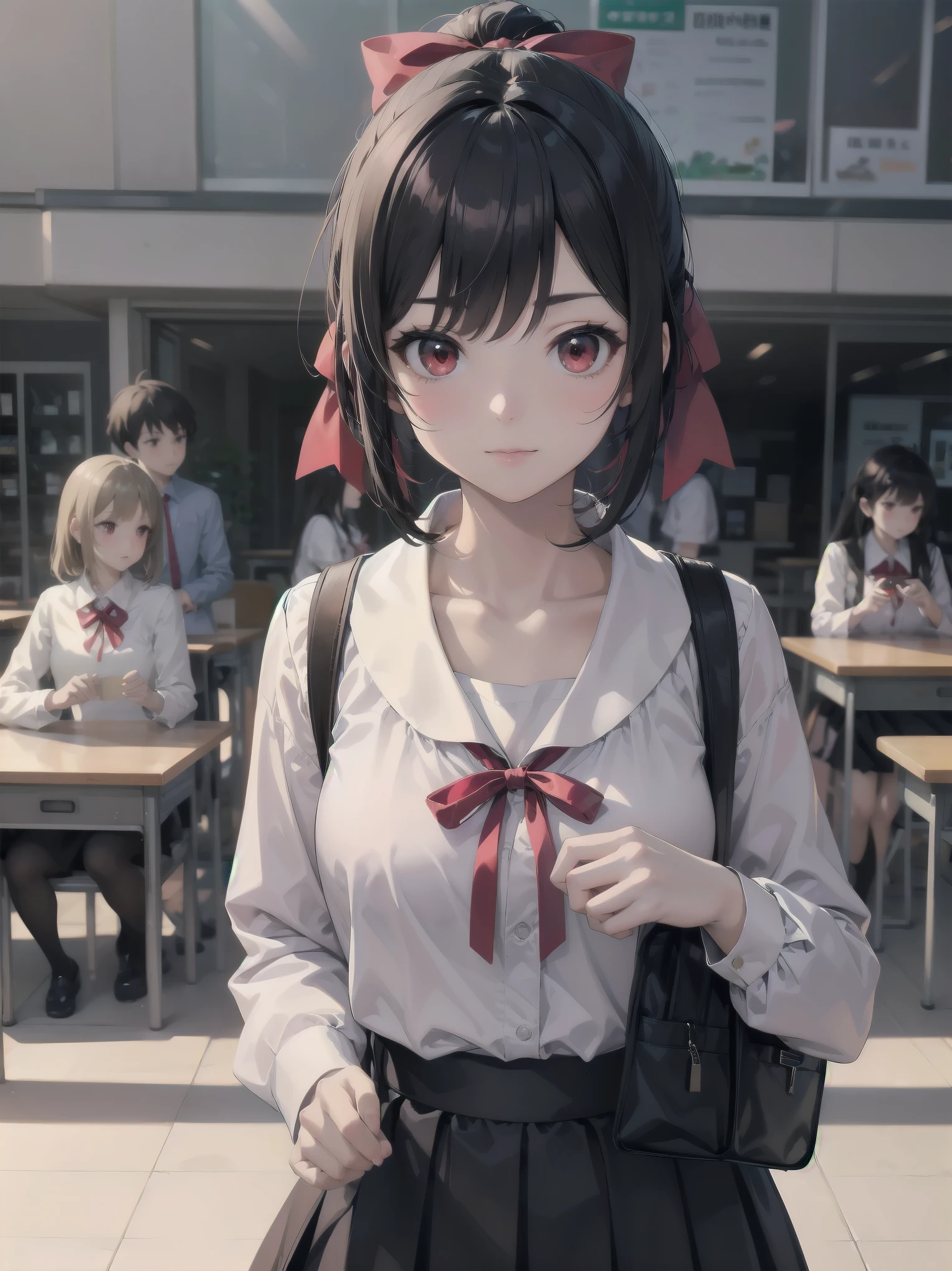 Masterpiece, top quality, super detailed, 16k, One girl, spring, high school, warm colors, school bag, accurate and highly detailed background, flock of schoolgirls in uniforms of various body shapes and hairstyles, cute. Blake. kaguya shinomiya, red eyes, black hair, ribbon, red ribbon, hair ribbon, parted bangs, folded ponytail, , shuuchiin academy , dress, sidelocks, breasts, black dress, collarbone, short hair, long sleeves
