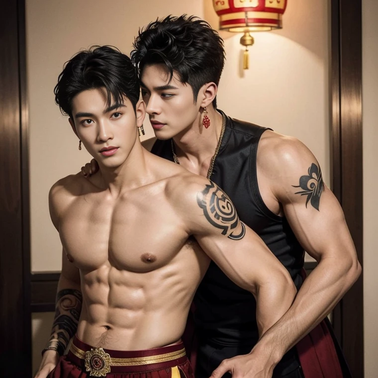 Two  handsome boys kissing, smiling at each other,hugging, kissing, touching lips, cuddle, romantic,skin ship, Chinese Men God, Mythology, realistic, Chinese odyssy, super Handsome,manly,  kpop idol, handsome korean actor, 20 years old,, detailed face, manly jawline, detailed mess curly styling hair,  Topless, Muscles, big breast Athlete body, Full Frame,full body shoots, Sexy, realistic, human skin, tattoo breast, Professional studio Lighting, long red tibet wedding Outfit, jade and golden pendent all over , detailed jewery in dress, earings,Chinese ancient wedding Background,out door, super detailed background,look at camera ,  open mouth, sexy Underneathe Underwear, tibet Warrior, Hanfu  red wedding dress,  tibet Male, tibet Nobel, Seduce , bare chest , tattoo chest, tattoo arms, tattoo hands, tattoo back, tattoo legs , big juicy butts.