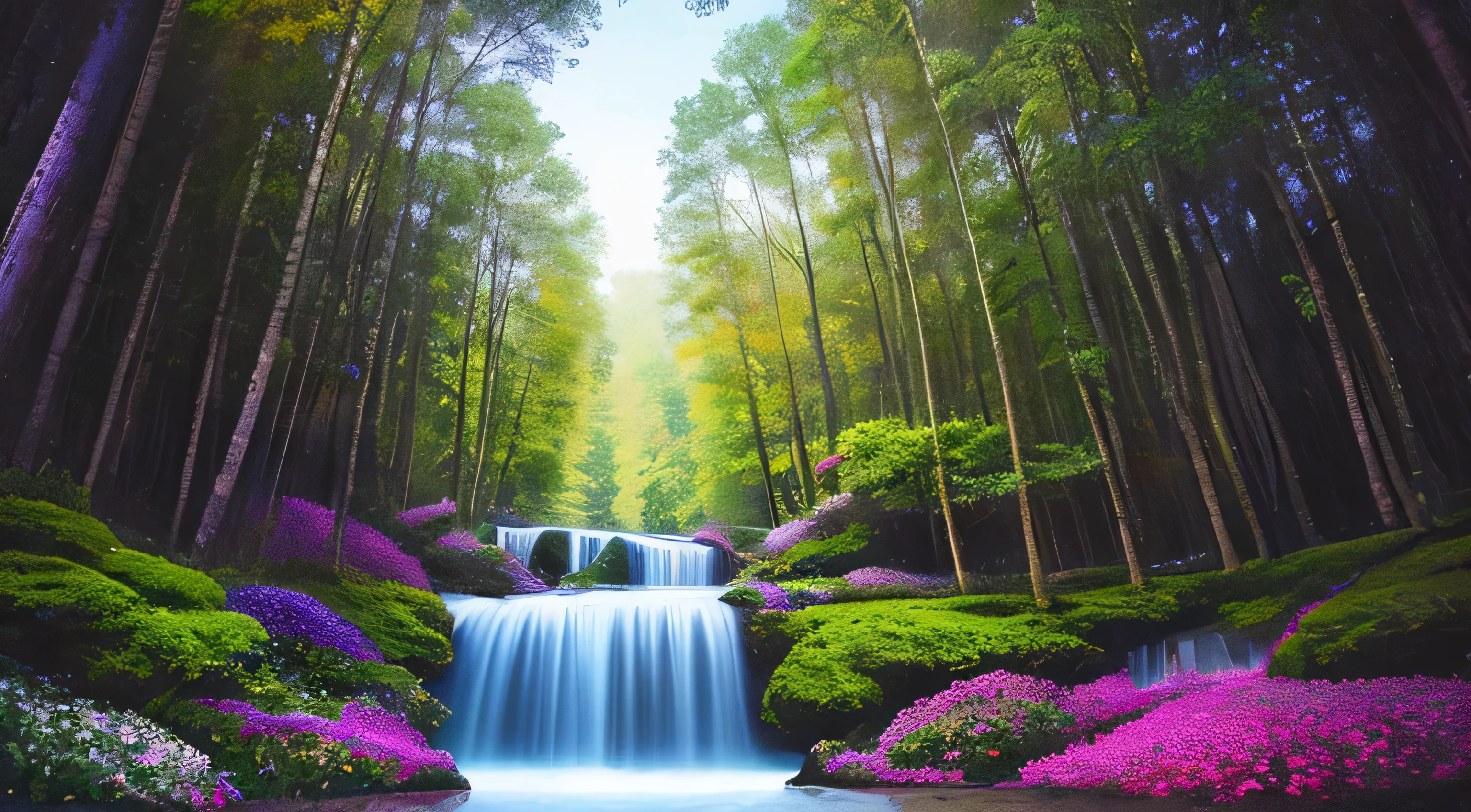Tabletop, 最high quality, high quality, Very detailed 8k wallpaper of CG unit, Fascinating and dreamy scenes of the forest of illusions, There are tall trees, Mountain landscape, waterfall, Creates a sense of mystery and fascination, Artistic Station, digital illustration, Complex, trend, pastel colour, oil, Award-winning photo, Depth of written boundary, flower, chromatic aberration, Realistic, Very detailed, Art Station trends, cgsociety trend, Complex, Attention to detail, dramatic, Art on the go
