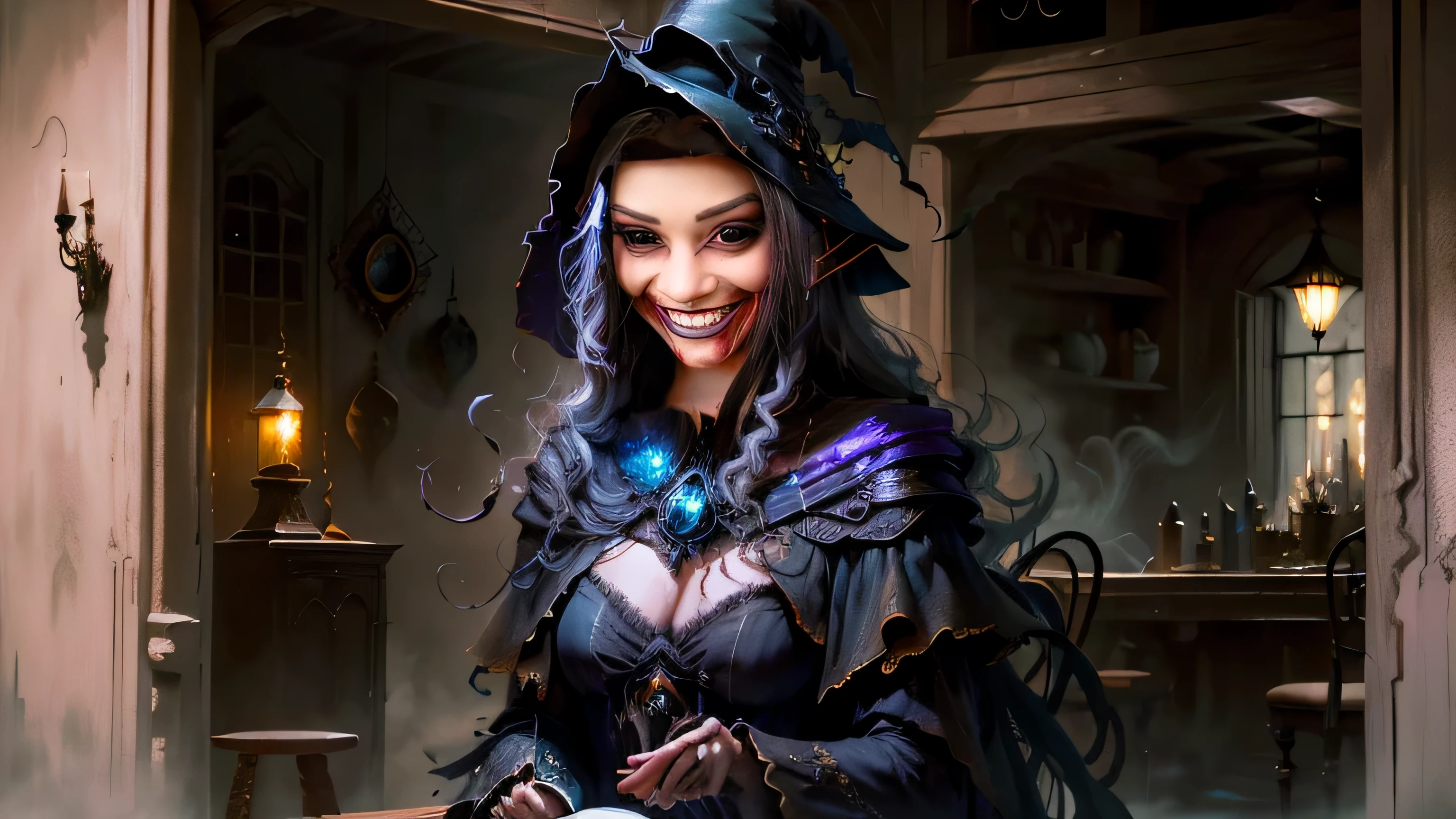((melhor qualidade)), ((obra de arte)), (detalhado), The witch in the witch&#39;s hat sits on a chair，Ethereal beauty, (Mysterious magic background, raio, Shiny particles, ethereal haze, Weak darkness), (fantasy illustration:1.3), olhar cativante, postura cativante, (Luis Royo:1.2), (Yoshitaka Amano:1.1), Noite de lua cheia，Um corvo , cor pastel, (paisagem de nuvens detalhada:1.3), (A high resolution:1.2)