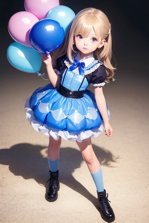 a 9 years old girl, holding balloons, (((full body))), real photo, looking above at me, Brat, blue