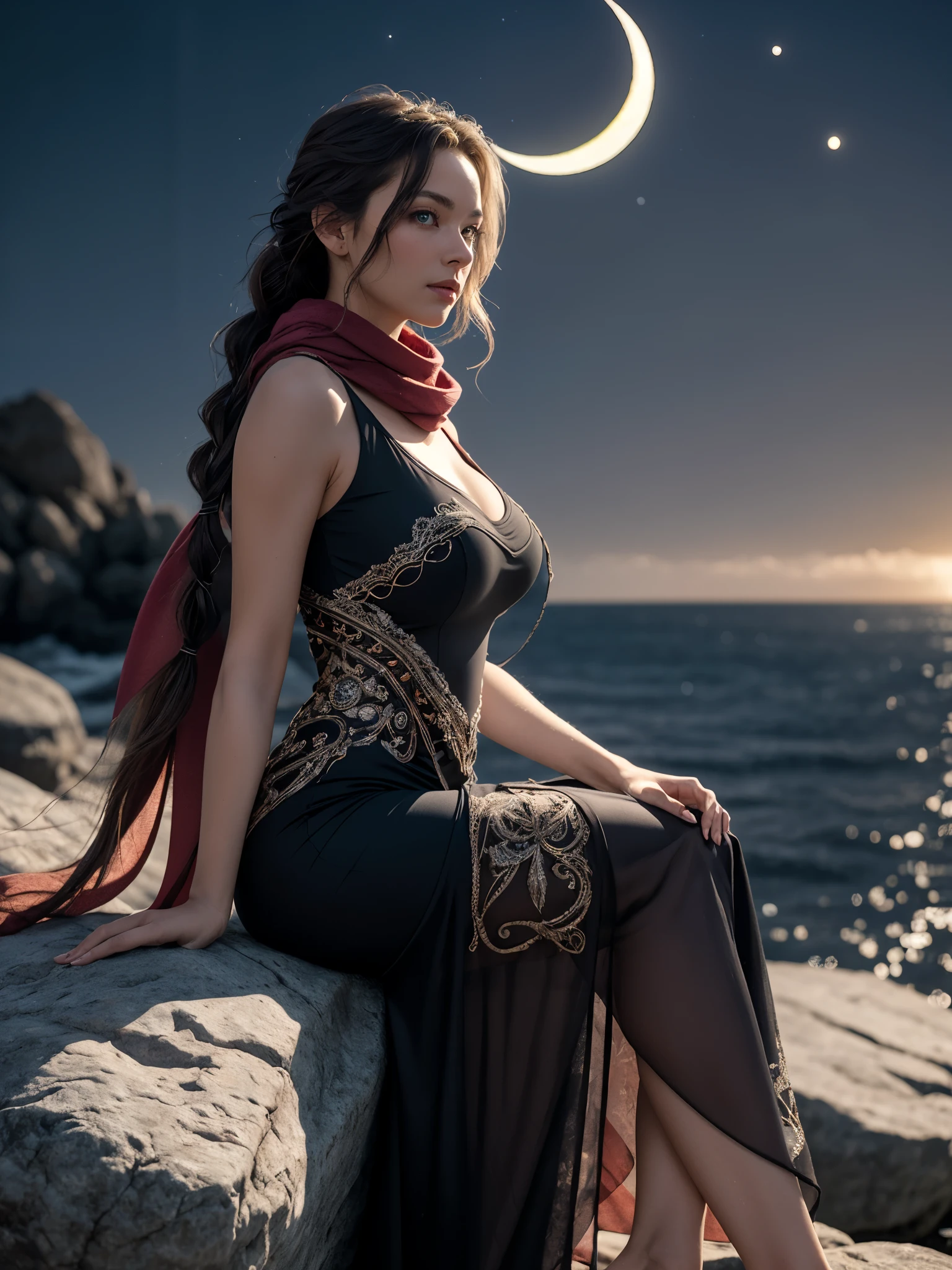 girl sitting on the rock, BREAK, 1girl, full body, from side, sitting on the rock, distant horizon of ocean, (crescent moon:1.2), drapped long dress, very long scarf, windswept braided hair, (masterpiece), (extremely intricate:1.3), (realistic:1.3), far away castle, professional photograph, sharp focus, dramatic, award winning, cinematic lighting, octane render unreal engine, volumetrics dtx, (film grain, blurry background, blurry foreground, bokeh, depth of field), surrealism, huge breast, 