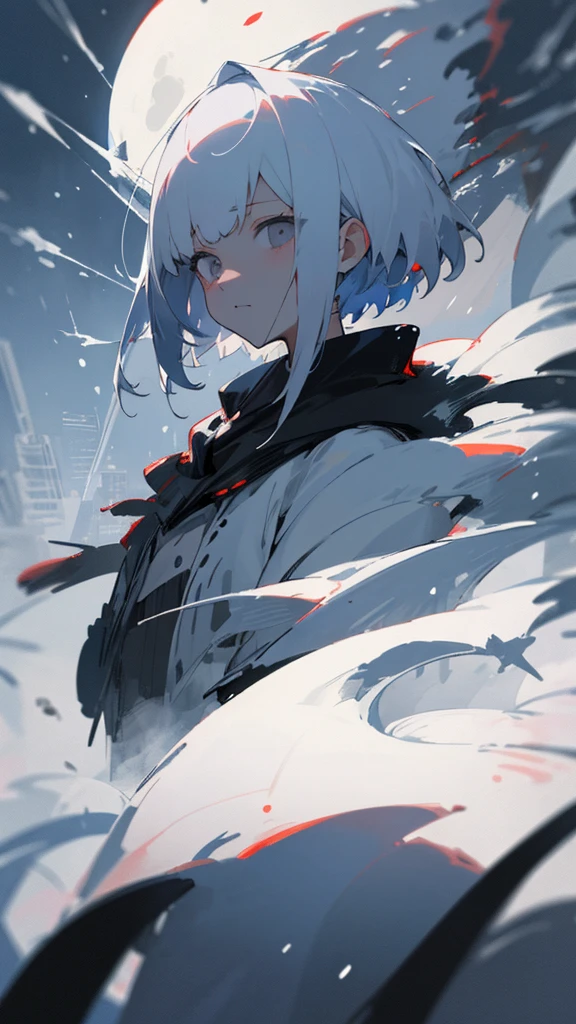 (masterpiece、highest quality)、Short nape hair、1 girl with very short white hair、Black cardigan、Grim expression、Grey Eyes、Warm lighting、 Blurred foreground、night深く、High Contrast、night、In the city,it's snowing,Heavy snowfall,winter,Alone in the vast snowy field,whole body,curse,Looking at me,Huge construction,moon,blue sky