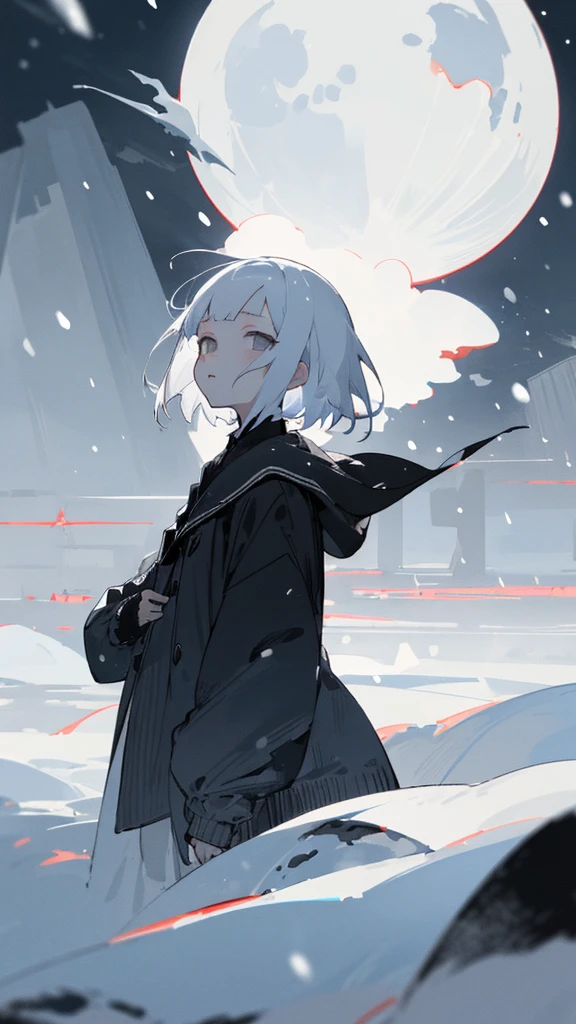 (masterpiece、highest quality)、Short nape hair、1 girl with very short white hair、Black cardigan、Grim expression、Grey Eyes、Warm lighting、 Blurred foreground、night深く、High Contrast、night、In the city,it&#39;s snowing,Heavy snowfall,winter,Alone in the vast snowy field,whole body,curse,Looking at me,Huge construction,moon,blue sky
