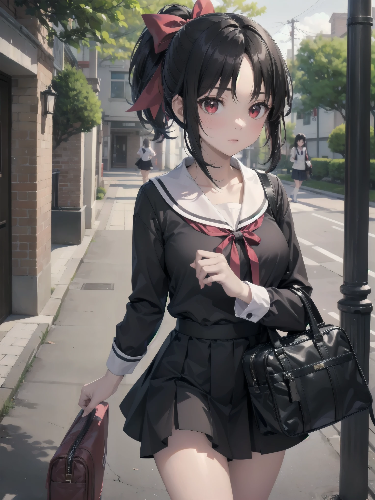 Masterpiece, top quality, super detailed, 16k, One girl, spring, high school, warm colors, school bag, accurate and highly detailed background, flock of schoolgirls in uniforms of various body shapes and hairstyles, cute. Blake. kaguya shinomiya, red eyes, black hair, ribbon, red ribbon, hair ribbon, parted bangs, folded ponytail, , shuuchiin academy , dress, sidelocks, breasts, black dress, collarbone, short hair, long sleeves