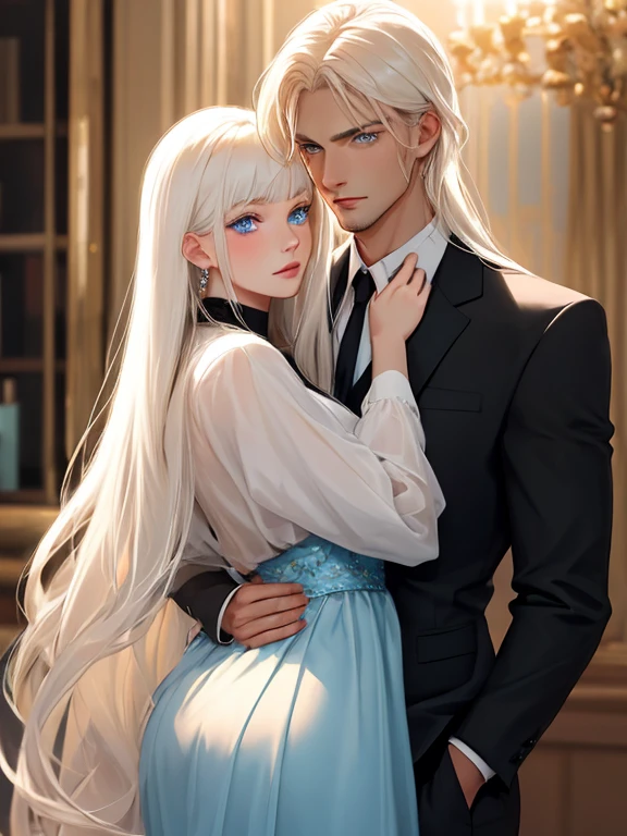 A tall, handsome, statuesque, masculine, athletic, young men-platinum blonde with long straight white hair, clear blue eyes, long bangs, he is dressed in a black shirt, the sleeves of which are rolled up to the elbow, and classic black trousers, he hugs an incredibly beautiful femme fatale young woman with long golden hair, long bangs, she has blue eyes, she is dressed in a yellow dress. Masterpiece, perfect image, realistic pictures, detailed face study, full-length image, 8k, detailed image. an extremely detailed illustration, a real masterpiece of the highest quality, with careful drawing.