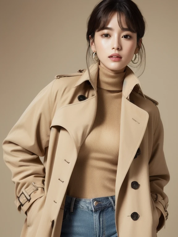 born, 8K Ultra HD, masterpiece, highest quality, Realistic, 超High resolution, High resolution, High-quality texture, Highly detailed CG, Intricate details, Clearly detailed, Natural and realistic colors, 1 girl, bangs, Facial flushing, Cleavage, Thin hands, Detailed skin, (Full Body Shot):1.4, (Wearing a beige trench coat over a white turtleneck、Wearing high-waisted jeans , necklace, Earrings, bracelet):1.4
(Purelos Face_v1:0.4)
