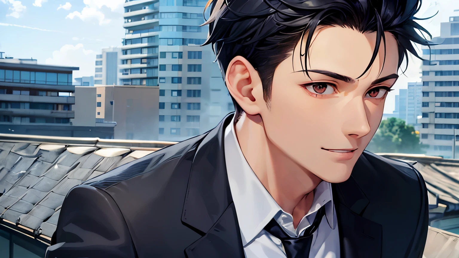  male、short hair、Black Hair（The sides of the head are shaved）、Brown jacket（school uniform）、tie、Single painting、Profile zoom、Zoom from the shoulders up、The expression is a smile、Mature look、The rooftop of a four-story school building（Outdoor）、Very nice weather、Anime movieasterpiece