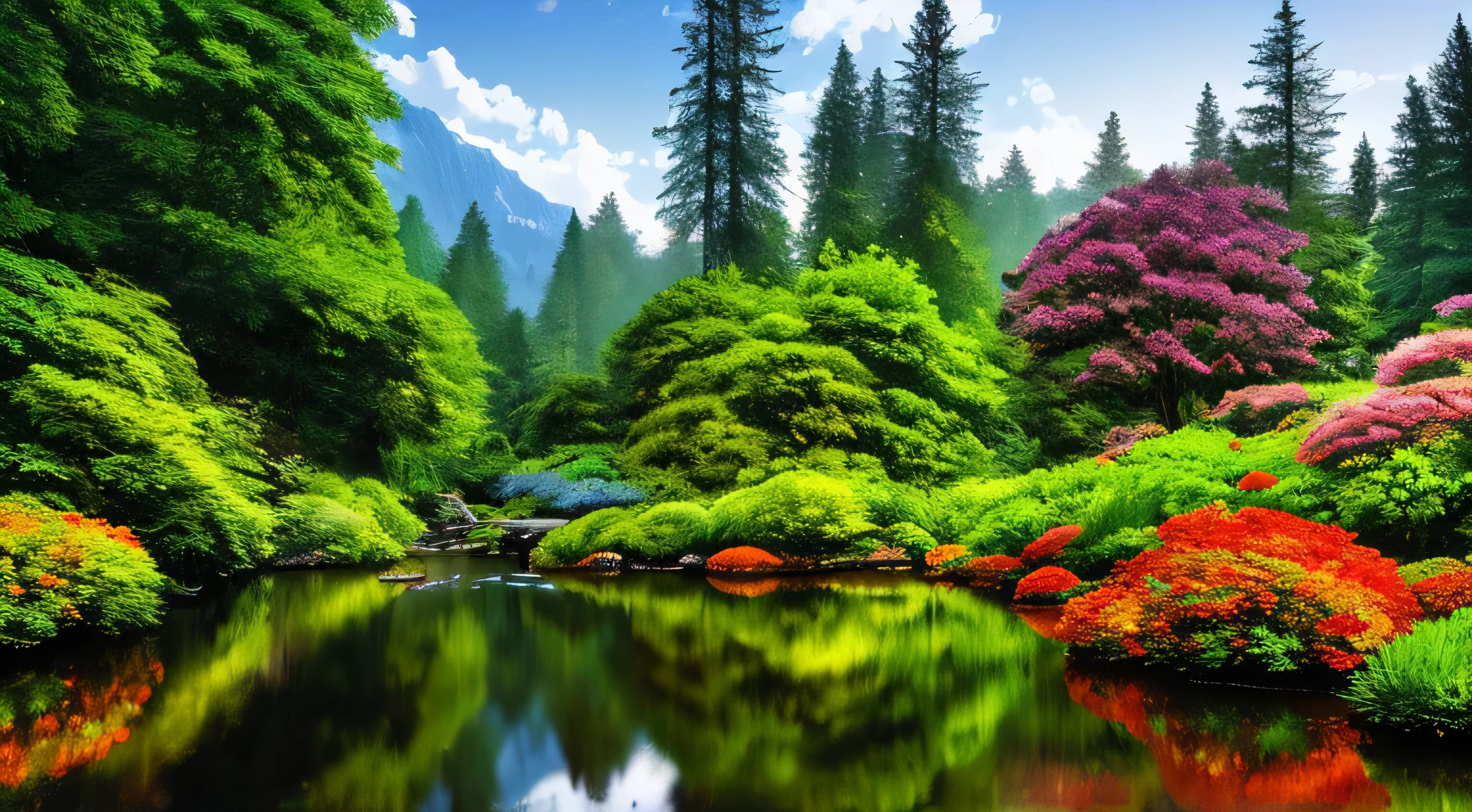 Tabletop, 最high quality, high quality, Very detailed 8k wallpaper of CG unit, Fascinating and dreamy scenes of the forest of illusions, There are tall trees, Mountain landscape, waterfall, Creates a sense of mystery and fascination, Artistic Station, digital illustration, Complex, trend, pastel colour, oil, Award-winning photo, Depth of written boundary, flower, chromatic aberration, Realistic, Very detailed, Art Station trends, cgsociety trend, Complex, Attention to detail, dramatic, Art on the go, Lush foliage, Sparkling water reflections,Colorful flower、