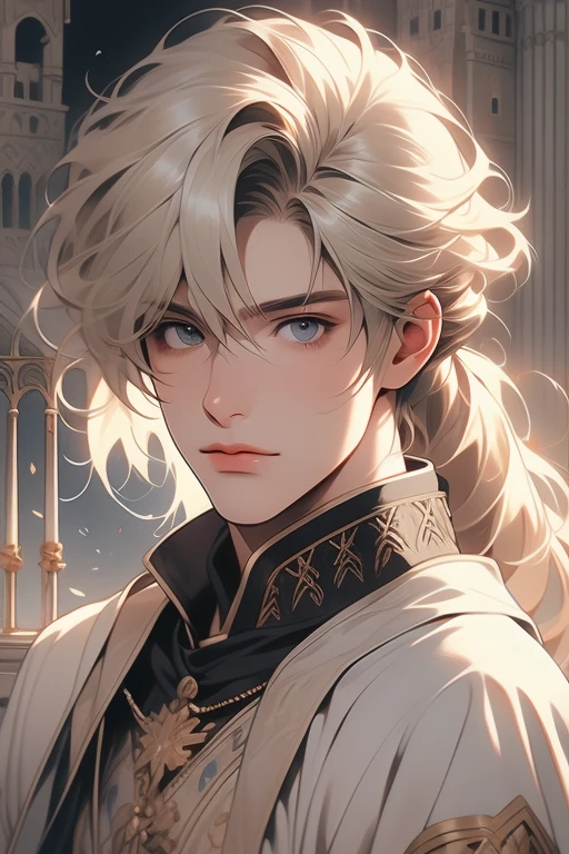 1 male, relaxed, messy blond hair with bangs in a low ponytail, white knight, beautiful, in a castle, medieval fantasy