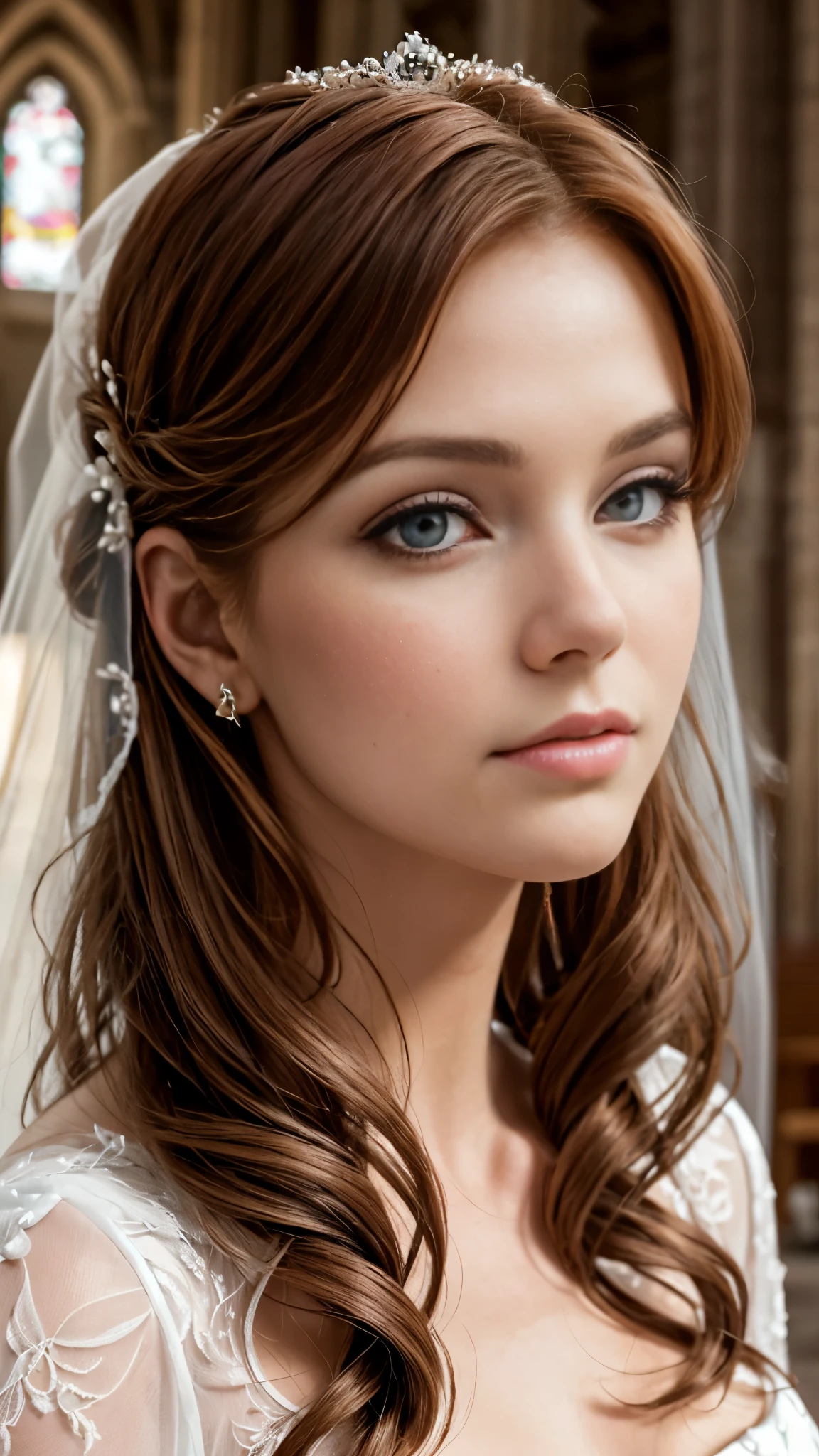 Beautiful redhead girl with brown eyes and long hair in princess wedding dress in a church professional photo shoot close up on face
