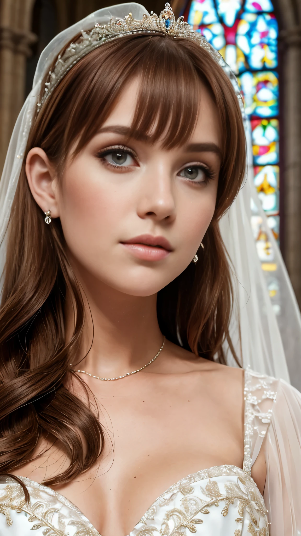 Beautiful redhead girl with brown eyes and long hair in princess wedding dress in a church professional photo shoot close up on face