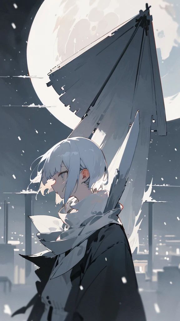 (masterpiece、highest quality)、Short nape hair、1 girl with very short white hair、Black cardigan、Grim expression、Grey Eyes、Warm lighting、 Blurred foreground、night深く、High Contrast、night、In the city,it's snowing,Heavy snowfall,winter,Alone in the vast snowy field,whole body,curse,Looking at me,Huge construction,moon,blue sky