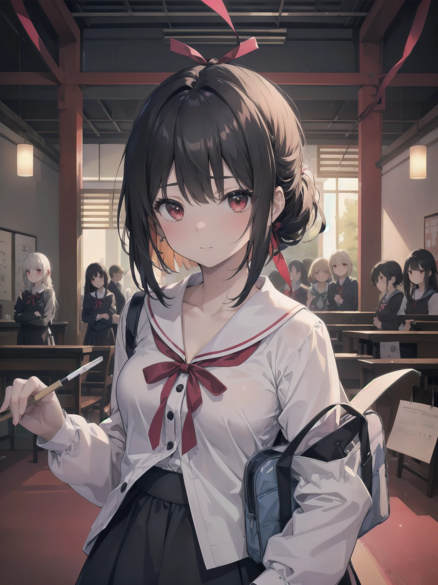 Masterpiece, top quality, super detailed, 16k, One girl, spring, high school, warm colors, school bag, accurate and highly detailed background, flock of schoolgirls in uniforms of various body shapes and hairstyles, cute. Blake. kaguya shinomiya, red eyes, black hair, ribbon, red ribbon, hair ribbon, parted bangs, folded ponytail, , shuuchiin academy , dress, sidelocks, breasts, black dress, collarbone, short hair, long sleeves