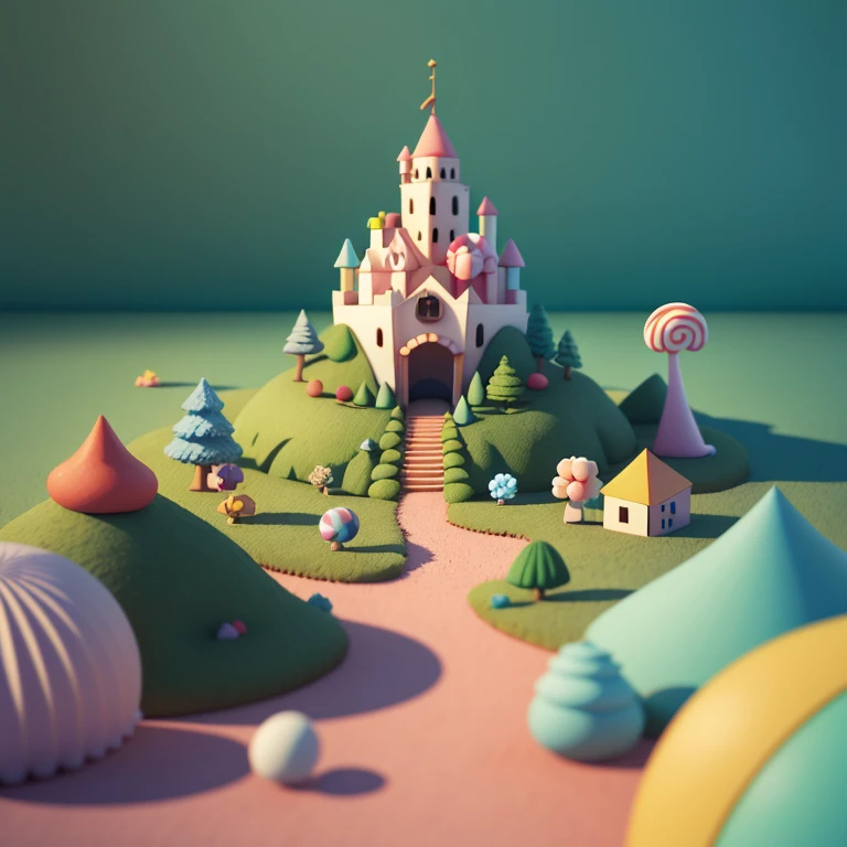 (cute world of candy, full size 3d candy land), highly detailed, super cute, superb lighting, volumetric, by Jon Klassen, Ghibli Studio style, Tilt - shift, 80mm lens, unreal engine, Large aperture, 3d, blender, masterpiece, super detail, best quality, --v6