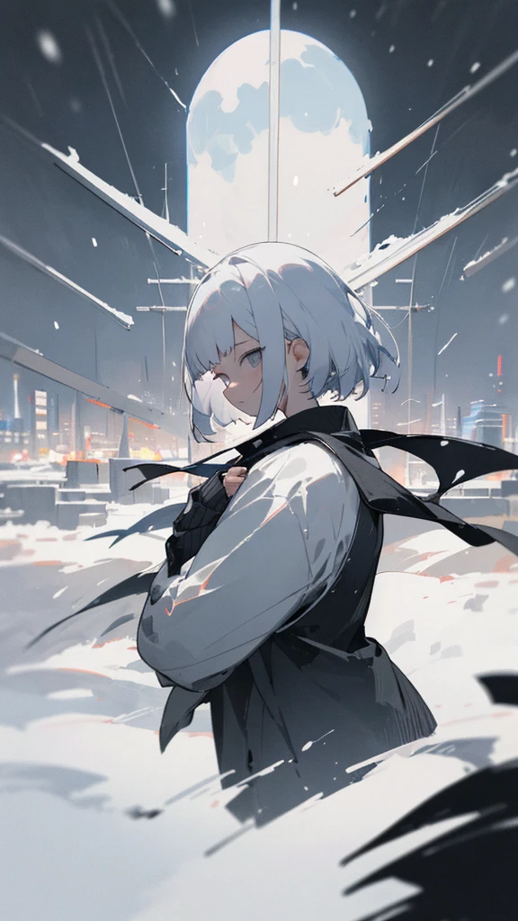 (masterpiece、highest quality)、Short nape hair、1 girl with very short white hair、Black cardigan、Grim expression、Grey Eyes、Warm lighting、 Blurred foreground、night深く、High Contrast、night、In the city,it's snowing,Heavy snowfall,winter,Alone in the vast snowy field,whole body,curse,Looking at me,Huge construction,moon,blue sky