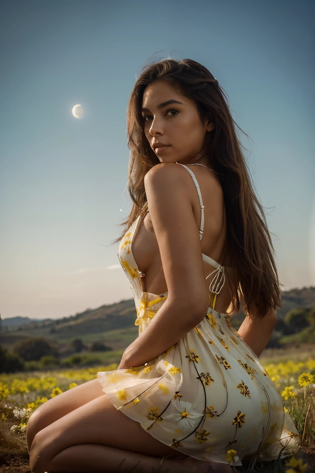 Portrait of a nude Bolivian indigenous woman with lunar symbolism