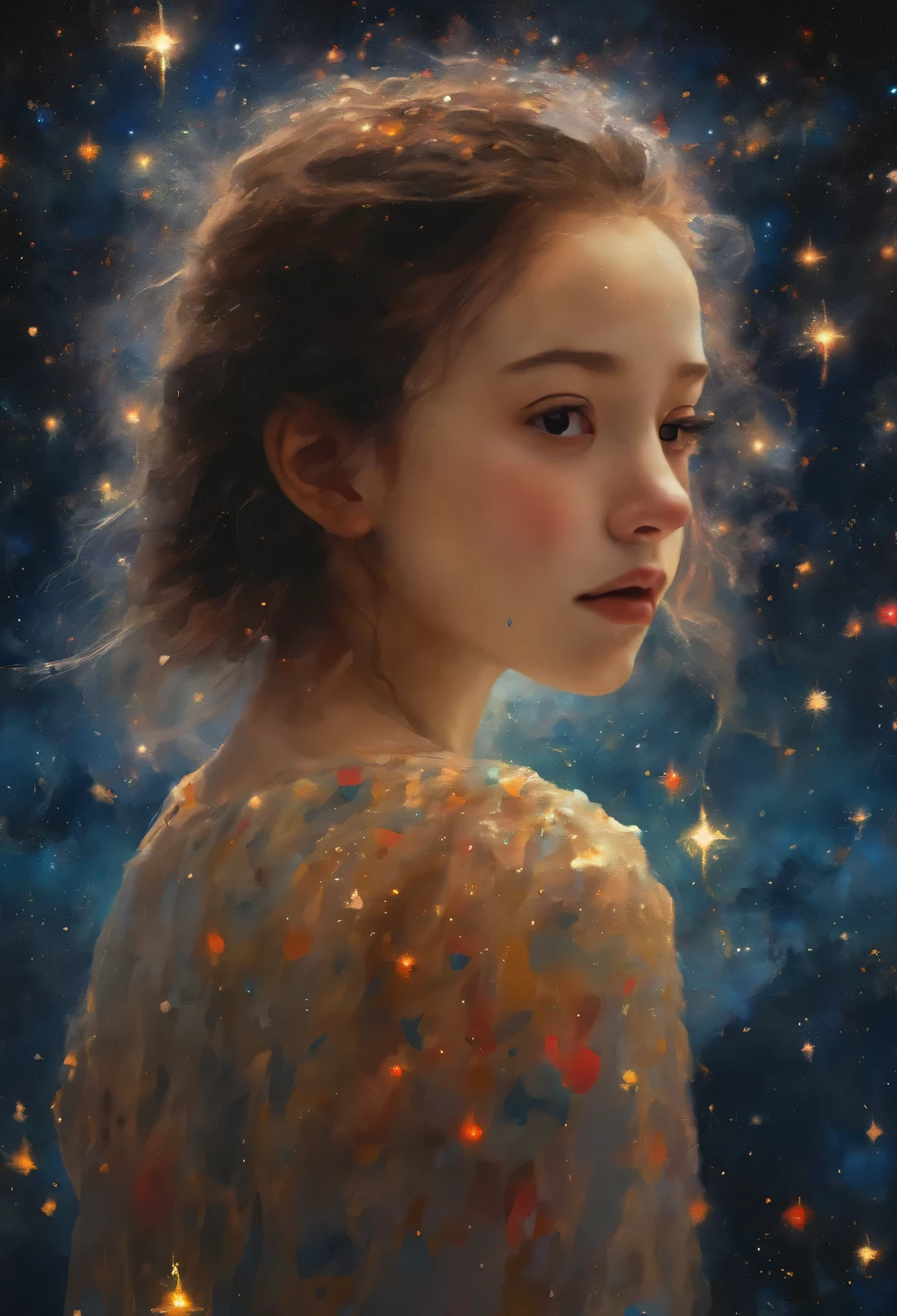 chiaroscuro technique on sensual illustration of an A girl standing under a night sky filled with shooting stars of good fortune. The scene is depicted in the style of an oil painting, with vibrant colors and rich textures. The girl has a dreamy expression and her eyes are beautifully detailed, with long eyelashes. The focus is on the girl's face, which has photorealistic features - detailed eyes, nose, and lips. Her hair flows freely, adding movement to the scene. The overall atmosphere is magical and mysterious, with a touch of whimsy. The background is an abstract portrayal of a female figure, blending seamlessly with the shooting stars. The lighting is ethereal, with a soft glow illuminating the girl and the surrounding stars. The artwork is of the best quality, with high-resolution details and vibrant colors. The medium used is an oil painting technique, creating depth and texture. The overall composition is a masterpiece, capturing the viewer's attention and evoking a sense of wonder.