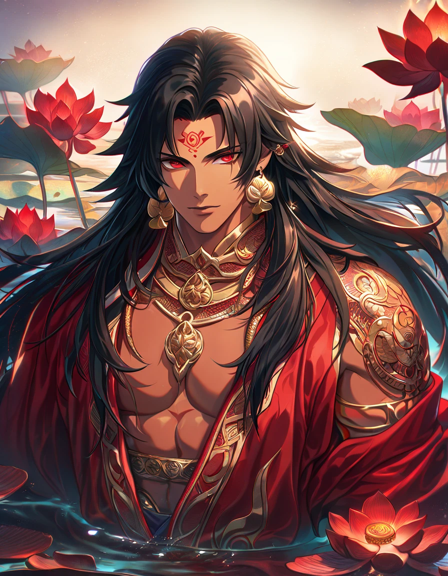(absurdres, highres, ultra detailed, HDR), master piece, best quality, perfect face, delicate features, vibrant red eyes, solo, man, handsome, Asura with tanned skin, black untamed long hair, black hair, red lotus mark on the forehead, red tunic, showing the chest, lotus earrings, onmyoji, moon, purple flames, purple butterflies, petals