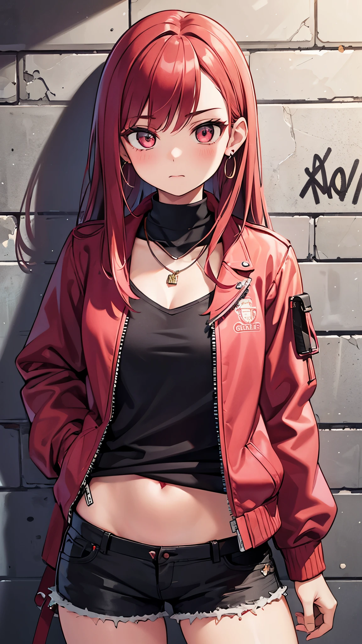 (masterpiece, best quality, 1 girl, solo, intricate details, chromatic aberration), realistic, ((medium breath)),long hair, red hair, red decoration on the head, pink highlights, amber eyes, earrings, sharp eyes, necklace, neon shirt, ripped shorts, unbuttoned jacket, turtleneck, night, against the wall, brick wall, graffiti, dim lighting, alley, look at the viewer