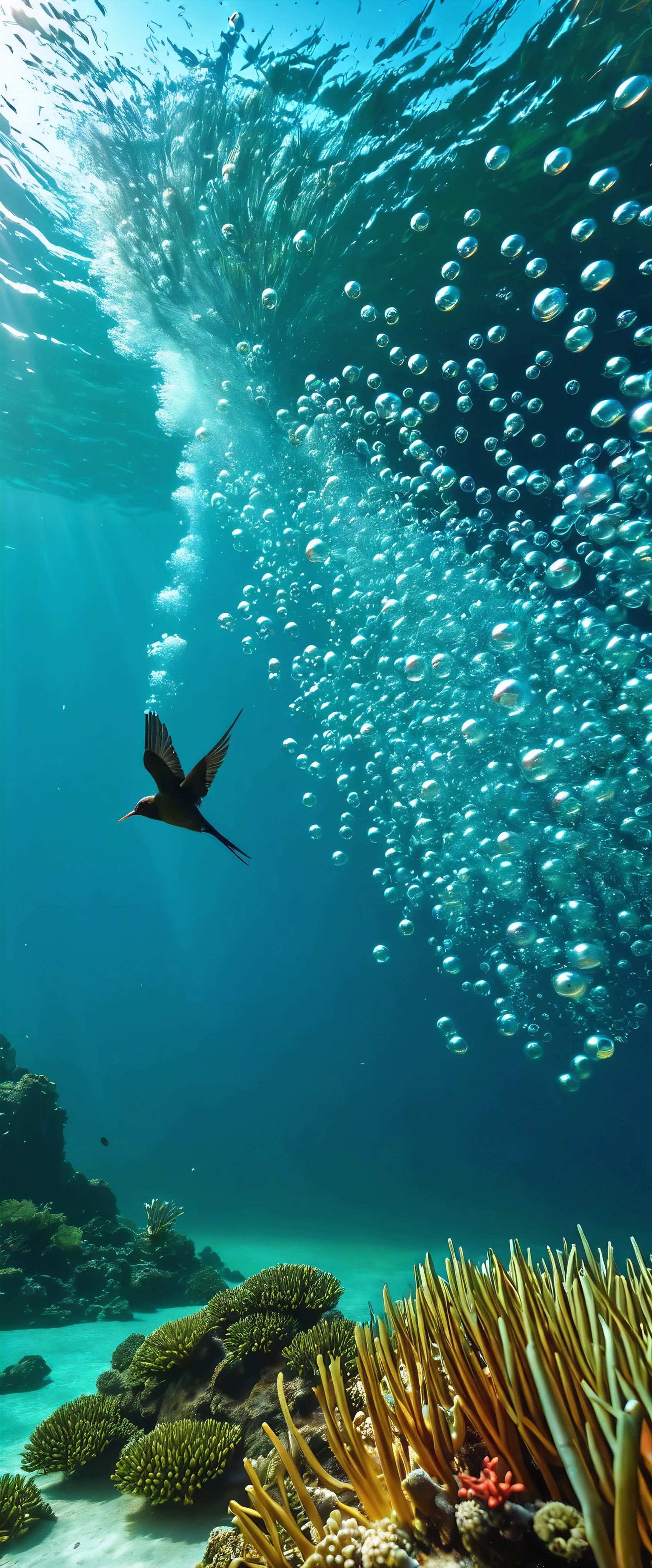 ((Masterpiece in maximum 16K resolution):1.6),((soft_color_photograpy:)1.5), ((Ultra-Detailed):1.4),((Movie-like still images and dynamic angles):1.3),| (Macro shot cinematic photo of diving birds under water), ((high speed dive):1.1), ((diving form):1.2), (macro lens), (tyndall effect), (a lot of bubbles), (coral), (mangroves), (neptune grass), (shimmer), (visual experience) ,(Realism), (Realistic),award-winning graphics, dark shot, film grain, extremely detailed, Digital Art, rtx, Unreal Engine, scene concept anti glare effect, All captured with sharp focus. | Rendered in ultra-high definition with UHD and retina quality, this masterpiece ensures anatomical correctness and textured skin with super detail. With a focus on high quality and accuracy, this award-winning portrayal captures every nuance in stunning 16k resolution, immersing viewers in its lifelike depiction. | ((perfect_composition, perfect_design, perfect_layout, perfect_detail, ultra_detailed)), ((enhance_all, fix_everything)), More Detail, Enhance.