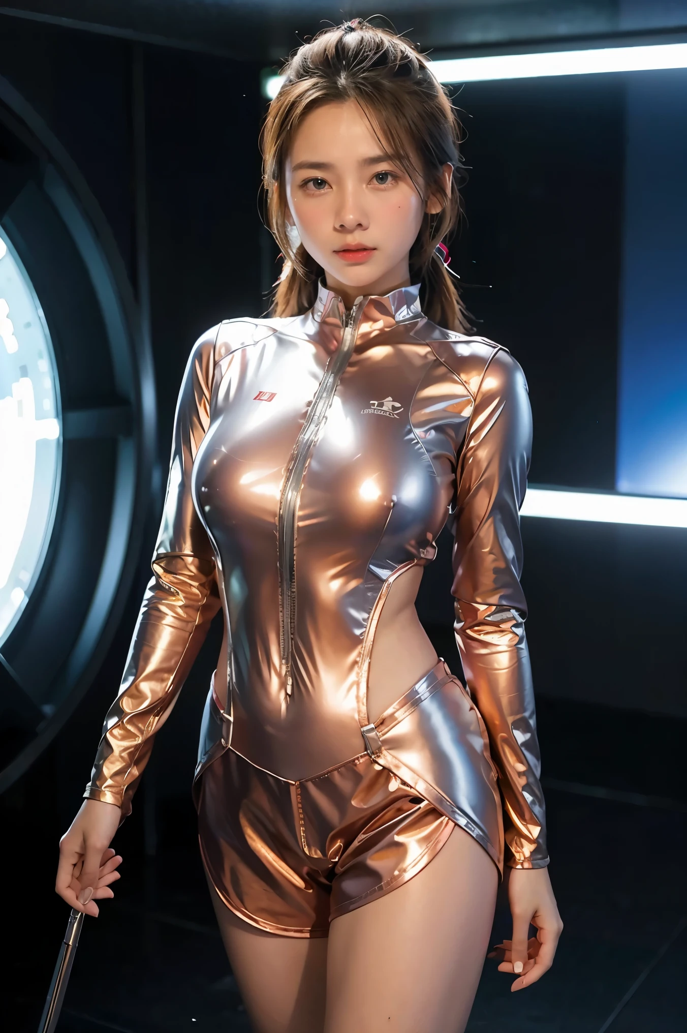 Ultraman、realistic、realistic、cinematic lighting, Girl in a shiny red and silver suit、、professional photos、Don'Do not expose your skin, japanese model, japanese cgi、Ultraman Suit、, Power Rangers Suit、tight and thin cyber suit,Whole body rubbery、There's pink There、 delicate body, big breasts、small ass、thin thighs、thin arms、thin waist、camel toe、Both sides of the cyber suit stick to the skin、Big eyes、black short hair、facing the front、facing the front立っている、A glowing sphere is embedded in the chest.、Essay Examination、 blue sky background