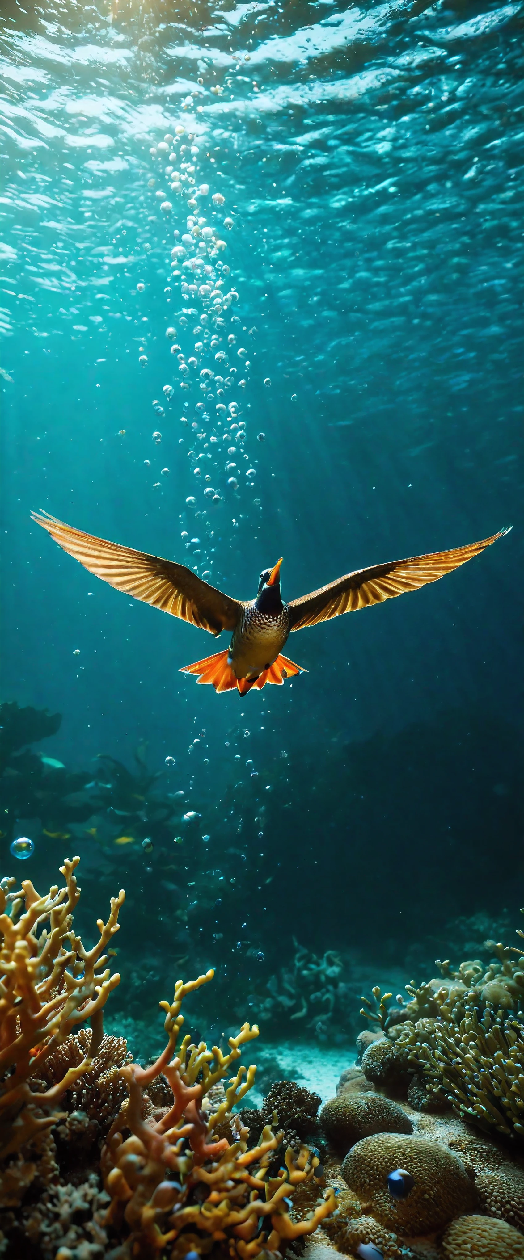 ((Masterpiece in maximum 16K resolution):1.6),((soft_color_photograpy:)1.5), ((Ultra-Detailed):1.4),((Movie-like still images and dynamic angles):1.3),| (Macro shot cinematic photo of diving birds under water), ((high speed dive):1.1), ((diving form):1.2), (macro lens), (tyndall effect), (a lot of bubbles), (coral), (mangroves), (neptune grass), (shimmer), (visual experience) ,(Realism), (Realistic),award-winning graphics, dark shot, film grain, extremely detailed, Digital Art, rtx, Unreal Engine, scene concept anti glare effect, All captured with sharp focus. | Rendered in ultra-high definition with UHD and retina quality, this masterpiece ensures anatomical correctness and textured skin with super detail. With a focus on high quality and accuracy, this award-winning portrayal captures every nuance in stunning 16k resolution, immersing viewers in its lifelike depiction. | ((perfect_composition, perfect_design, perfect_layout, perfect_detail, ultra_detailed)), ((enhance_all, fix_everything)), More Detail, Enhance.