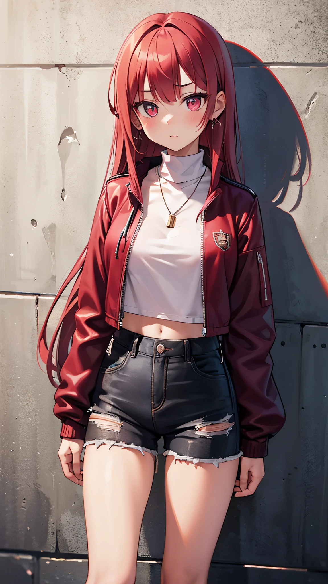 (masterpiece, best quality, 1 girl, solo, intricate details, chromatic aberration), realistic, ((medium breath)),long hair, red hair, red decoration on the head, pink highlights, amber eyes, earrings, sharp eyes, necklace, neon shirt, ripped shorts, unbuttoned jacket, turtleneck, night, against the wall, brick wall, graffiti, dim lighting, alley, look at the viewer