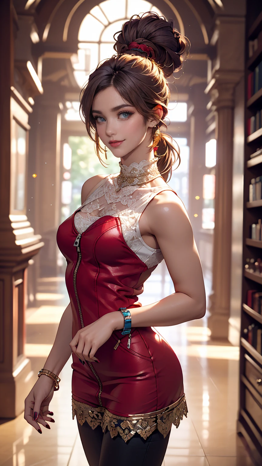 ((最high quality, 8K, masterpiece: 1.3, Ultra HD, high quality, 最high quality, High resolution, realism)) 、A 22-year-old extremely beautiful white woman、Body shape like a fashion model、Hair color blonde、blue eyeedium Hair、Straight Hair、smile、Background blur((depth of field))、Aerial perspective((atmospheric perspective))、I want my head to stay off screen、Put an anklet on your ankle、Wearing red nail polish、I have a peticure、Fashion model body type、purple inner color((colored inner hair))、Split Ponytail((split ponytail))、Wear a high-neck zipper-up dress、Large chest、Narrow waist、Wear leggings、Wear high heels、lace decoration、Smile