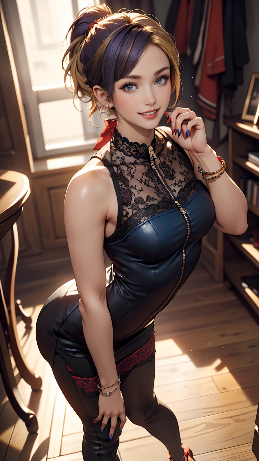 ((最high quality, 8K, masterpiece: 1.3, Ultra HD, high quality, 最high quality, High resolution, realism)) 、A 22-year-old extremely beautiful white woman、Body shape like a fashion model、Hair color blonde、blue eyeedium Hair、Straight Hair、smile、Background blur((depth of field))、Aerial perspective((atmospheric perspective))、I want my head to stay off screen、Put an anklet on your ankle、Wearing red nail polish、I have a peticure、Fashion model body type、purple inner color((colored inner hair))、Split Ponytail((split ponytail))、Wear a high-neck zipper-up dress、Large chest、Narrow waist、Wear leggings、Wear high heels、lace decoration、Smile