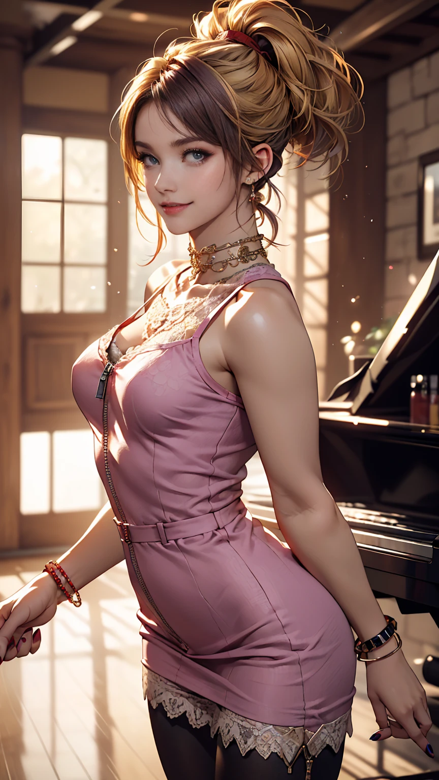 ((最high quality, 8K, masterpiece: 1.3, Ultra HD, high quality, 最high quality, High resolution, realism)) 、A 22-year-old extremely beautiful white woman、Body shape like a fashion model、Hair color blonde、blue eyeedium Hair、Straight Hair、smile、Background blur((depth of field))、Aerial perspective((atmospheric perspective))、I want my head to stay off screen、Put an anklet on your ankle、Wearing red nail polish、I have a peticure、Fashion model body type、purple inner color((colored inner hair))、Split Ponytail((split ponytail))、Wear a high-neck zipper-up dress、Large chest、Narrow waist、Wear leggings、Wear high heels、lace decoration、Smile