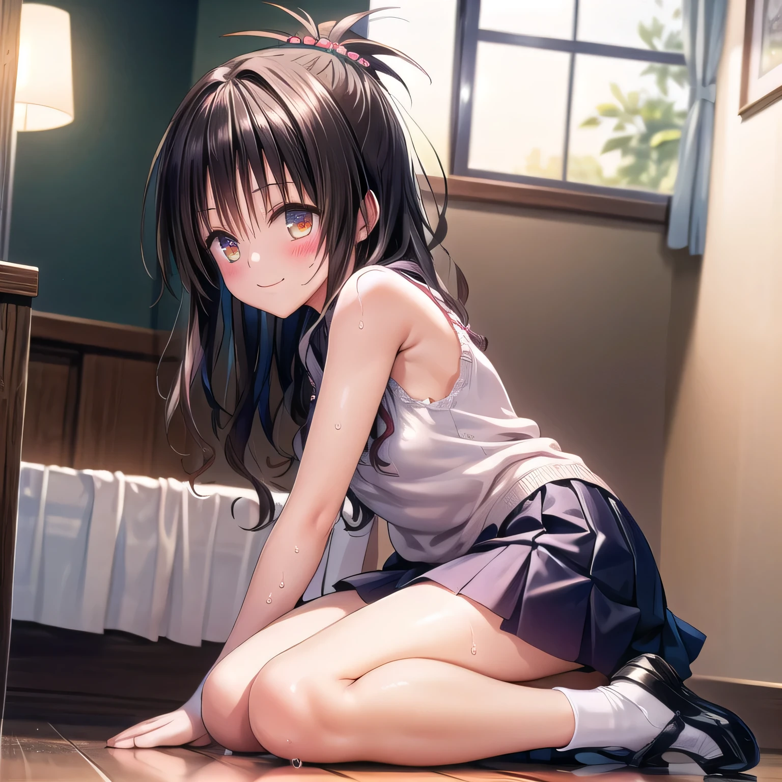 realistically, glowing eyes, ponytail, white short skirt, Blush, daytime, Wet from the rain, see through, sleeveless shirt, nipples, pussy, crotch, shy, Lie down on your knees, mikan yuki, the skirt is flipped up, smile, ************, highest quality, High resolution, highly detailed face, perfect lighting, Very detailed CG, perfect hands, perfect figure, perfect anatomy, hand raised up, armpit, small breast