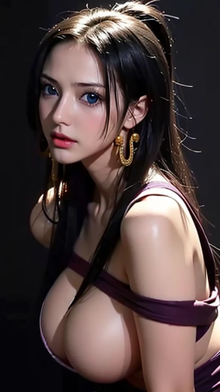 Ultra-high resolution, masterpiece, best quality, Perfect glowing skin, Perfect lighting, Detailed lighting, dramatic shadows, Ray Tracing, Black Sweater, Looking at the audience, Off-shoulder, Large Breasts, Cleavage暴露, (Huge sagging breasts、Cleavage,))，cleveage、, Thick thighs,Perfect body blue eyes, National Foundation, ((Dark background)), Sexy face, Facial expressions of happiness, Open Mouse,