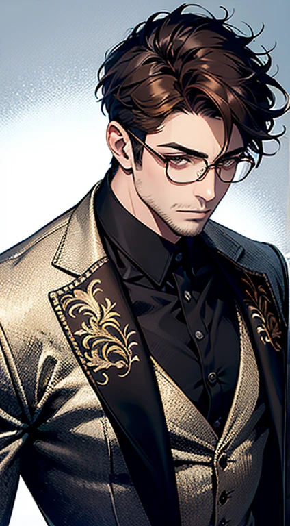 ((masterpiece,ultra-detailed, intricate details, best quality,illustration)),1man, solo, highres, looking at viewer, brown eyes, brunette, short hair, glasses, tall, thoughtful expression, wearing a suit, masculine, confident, dominant, powerful, handsome, attractive, in his 30s, clean face, detailed, vibrant colors, high contrast, dynamic lighting, realistic textures, illustration aesthetic