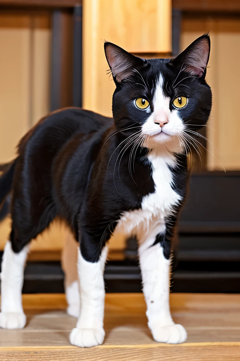 Black hair with blunt bangs、Long straight hair down to the middle of the back、A cat with a slightly childish face, small and slender, but muscular build.