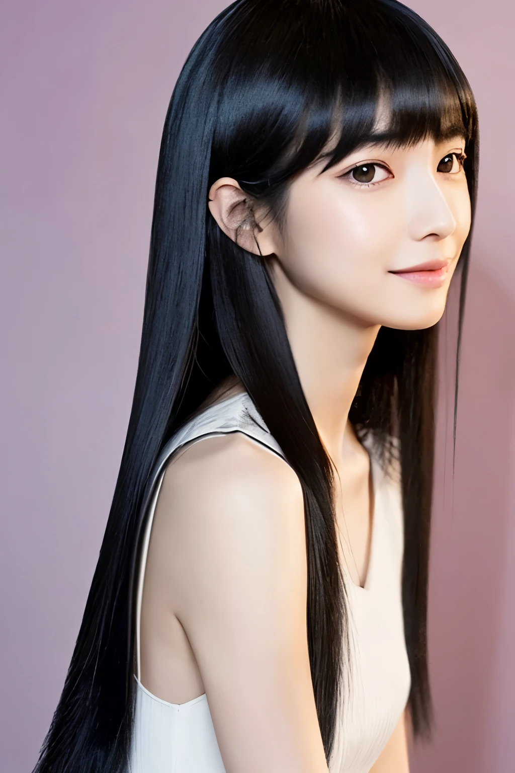 Black hair with blunt bangs、Long straight hair down to the middle of the back、A cat with a slightly childish face, small and slender, but muscular build.