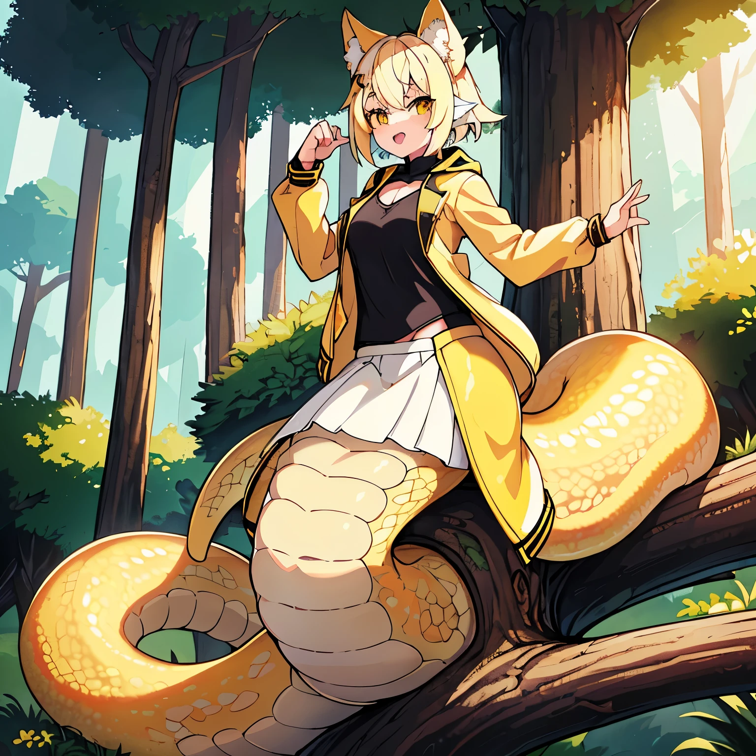 1girl, lamia, ((yellow scales)), silky tail, small breasts, short white hair, fox ears, best quality, 4k, 8k, 16k, highres, masterpiece, wallpaper, volumetric lighting, cat tooth, ((full body)), brown eyes, ((standing)), ((yellow jacket)), (((white mini skirt))), ((black shirt)), ((sitting on tree))