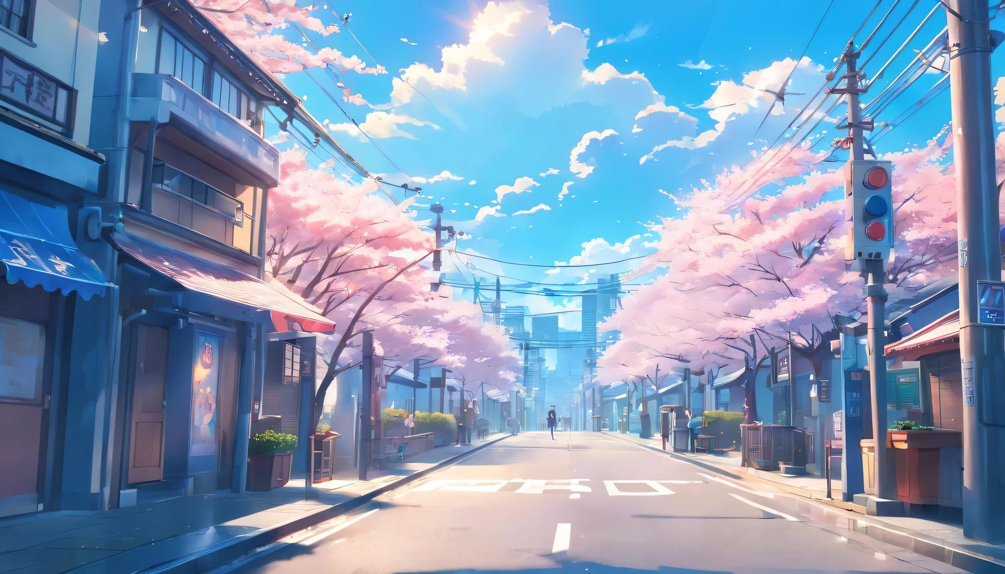 (Masterpiece:1.4), Best Quality, 4K, (Blue sky:1.4), (Japan Street), Blue Filter, Sun Glare, Cloud, Summer Seasons, cherry blossoms particles, depth of field, small city with electric pole