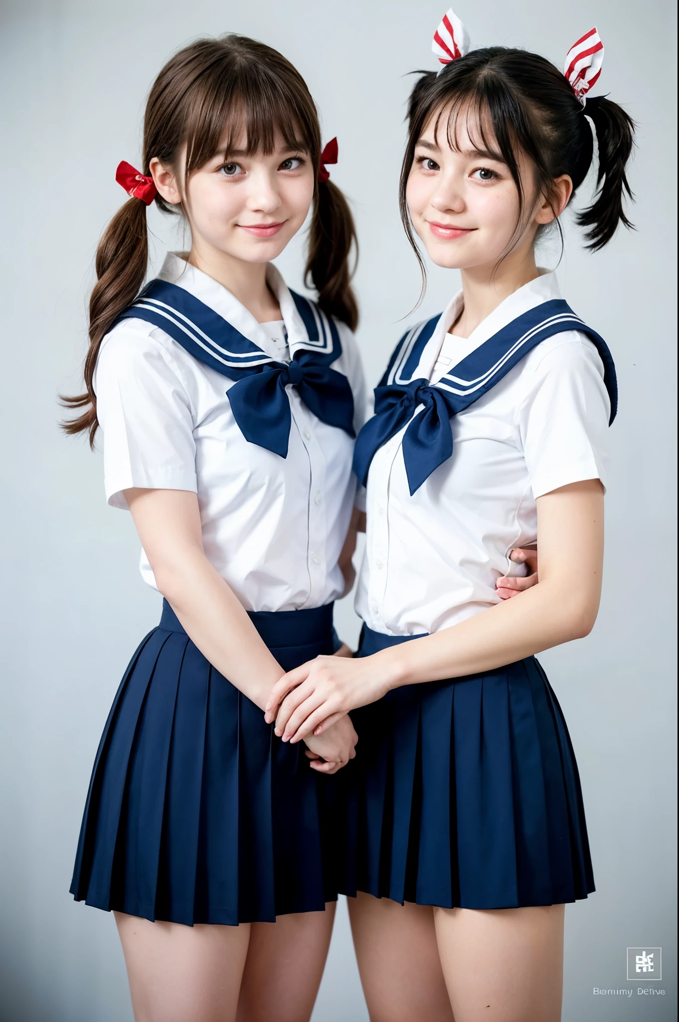 2 girls standing in school classroom,navy blue shirt with white sailor collar with red bow tie,white panties,18-year-old,bangs,a little smile,thighs,knees,short hair and low pigtails with barrette,from below,front light